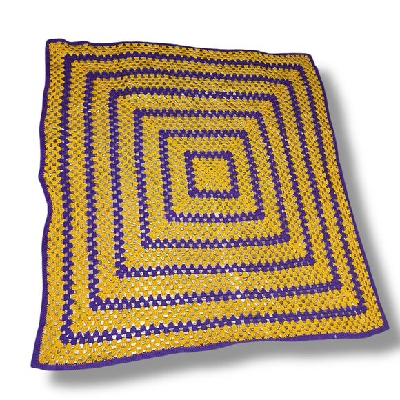 Afghan Blanket Purple Gold Granny Square  36 X 36 - Picture 3 of 7